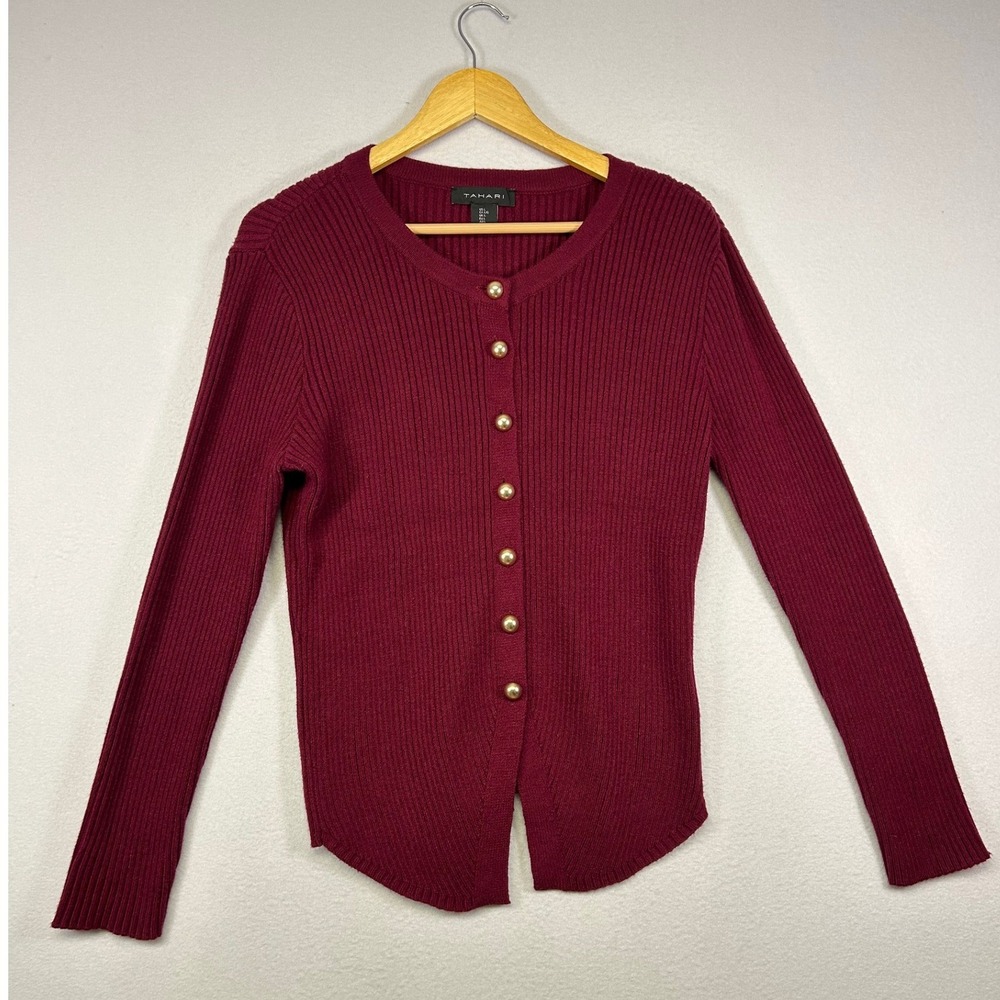 Classic Elegant Tahari Womens Large Burgundy Ribbed Gold Button Cardigan Sweater
